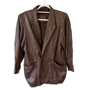 Vintage 80s Daviga Brown Leather Blazer Jacket Size M Oversized Longline
